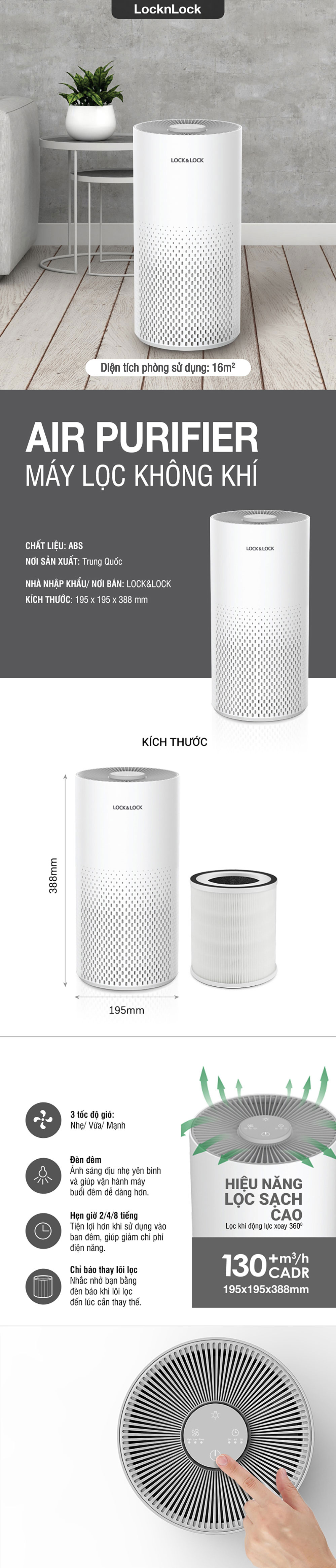 Máy Lọc Không Khí LocknLock 195x195x388mm, 220 - 240V, 50/60Hz, 23W, Cadr 130㎥/H, Coverage 16㎡ - Màu Trắng - ENP126WHT 7 ap voucher 10qua tang may loc khong khi locknlock 195x195x388mm 220 240v 50 60hz 23w cadr 130e38ea5 h coverage 16e38ea1 mau trang enp126wht description 1785049803
