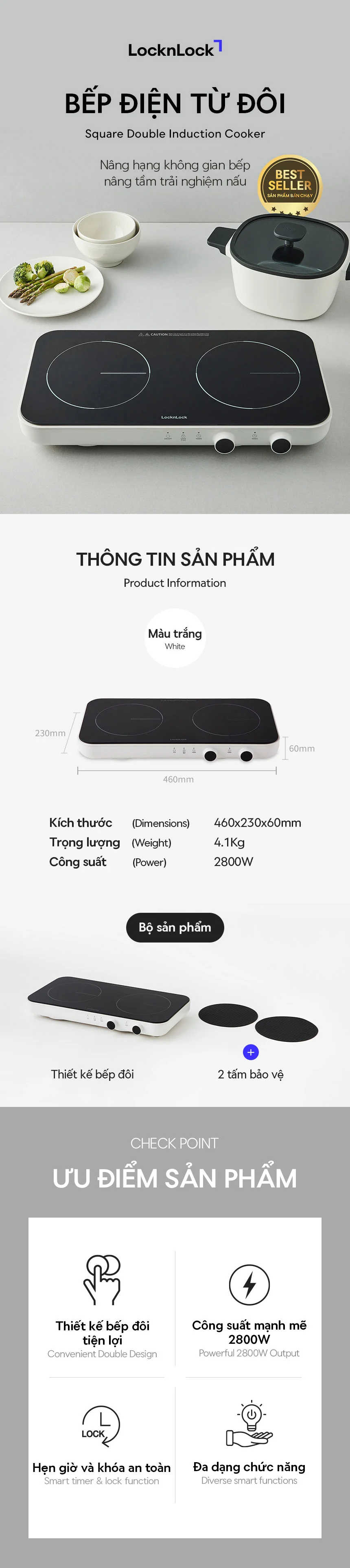 Bếp Điện Từ Đôi Locknlock Square Double Induction, 220240V, 50/60Hz, 1500W+1300W Màu Trắng - EJI326WHT 9 ap voucher 6 bep dien tu doi locknlock square double induction 220240v 50 60hz 1500w1300w mau trang eji326wht description 1785046042