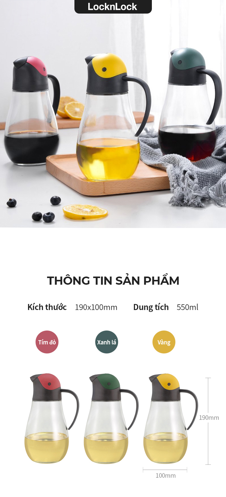 binh dung dau bang thuy tinh voi nap mo tu dong locklock 550ml 3 mau xanh la cay tim vang cko201 description 1785060763