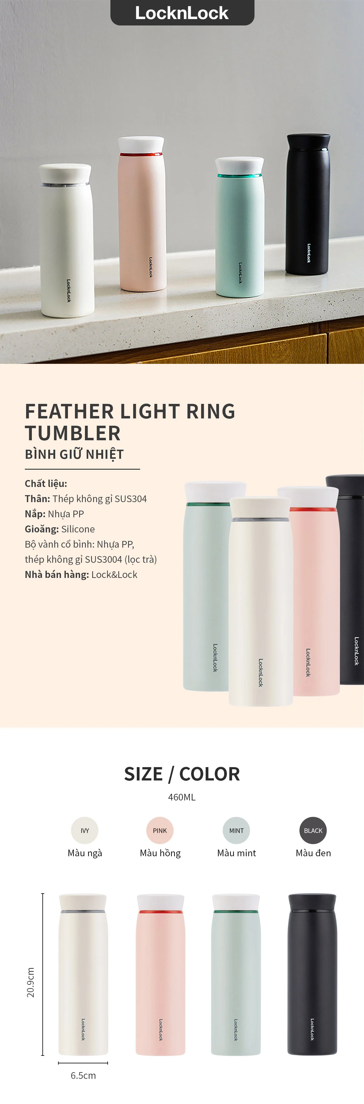 Bình Giữ Nhiệt LocknLock Feather Light Ring 460Ml - 4 Màu (Ngà, Mint, Hồng, Đen) - LHC4244 6 binh giu nhiet locknlock feather light ring 460ml 4 mau nga mint hong den lhc4244 description 1785055793