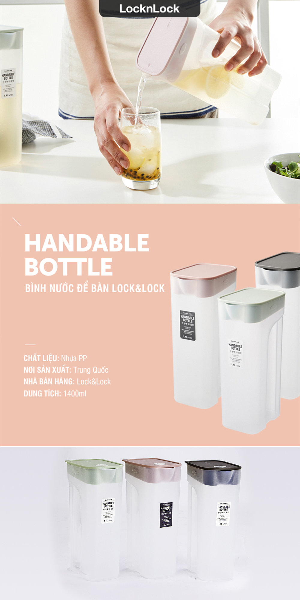 binh nuoc handle bottle locknlock 1 4l pvn 3 mau xam xanh mint hong hap817 description 1785058749