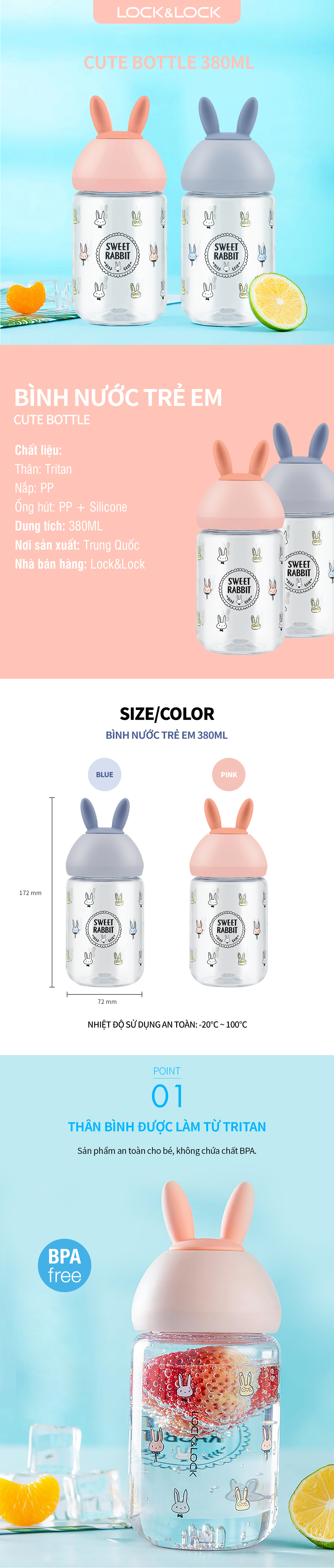 binh nuoc tre em cute bottle 380ml 2 mau xanh duong hong locknlock abf652 description 1785058370