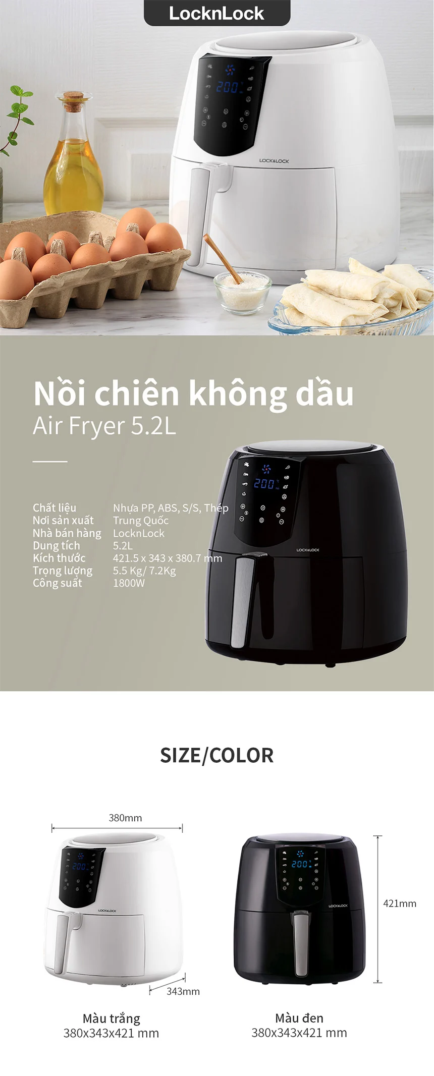 giam ngay 300k noi chien khong dau locknlock jumbo plus air fryer 220 240v 1800w 50 60hz 5 2l 2 mau den trang ejf357 description 1785041301