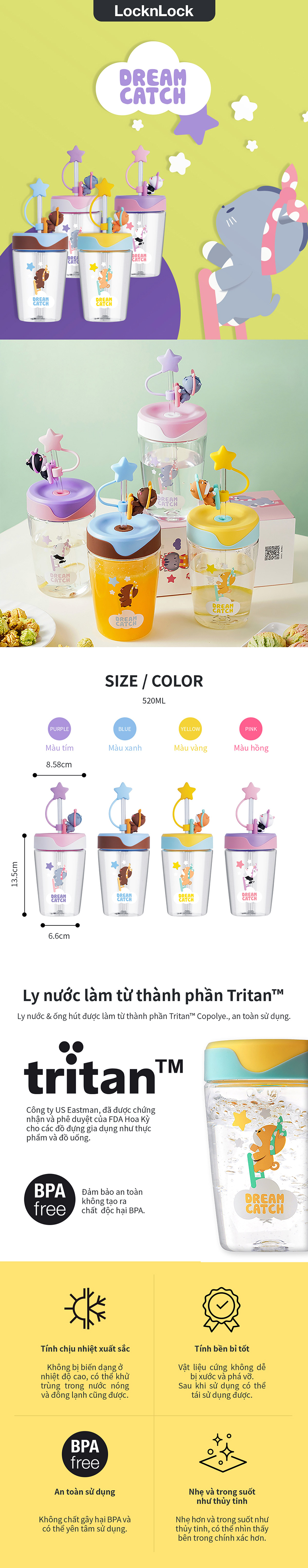 ly nhua dream catcher 520ml co nap day ong hut 4 mau xanh duong hong tim vang locknlock abf779 description 1785057993