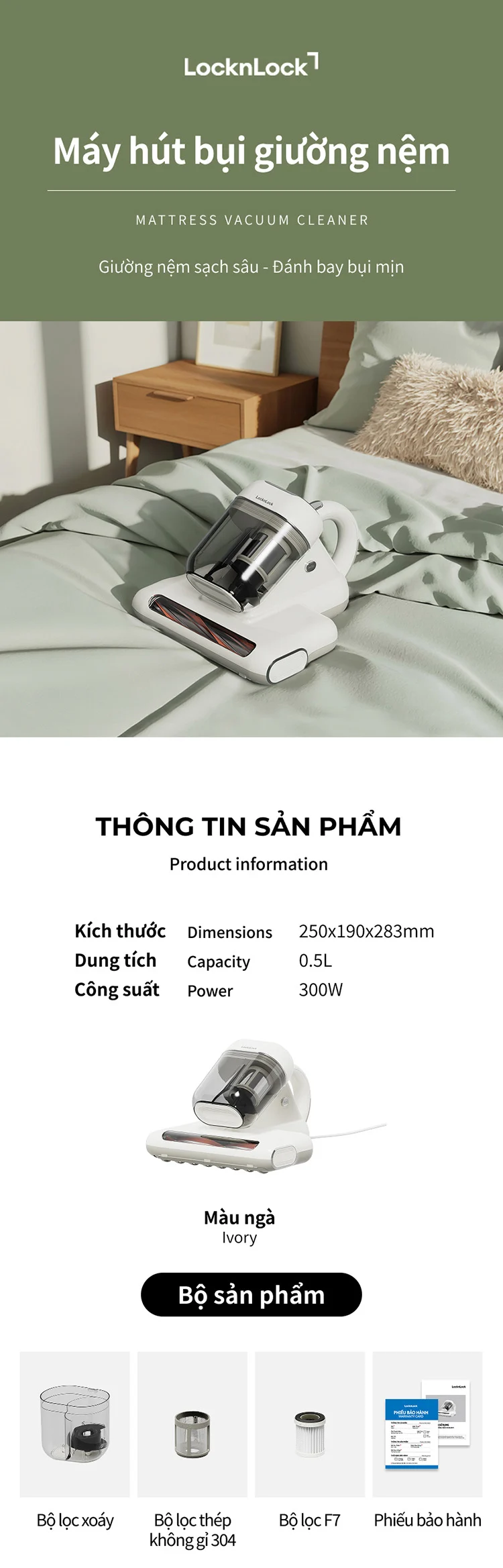 Máy hút bụi giường nệm LocknLock 300W, 0.5L - Màu ngà - ENV818IVY 8 may hut bui giuong nem locknlock 300w 0 5l mau nga env818ivy description 1785050869