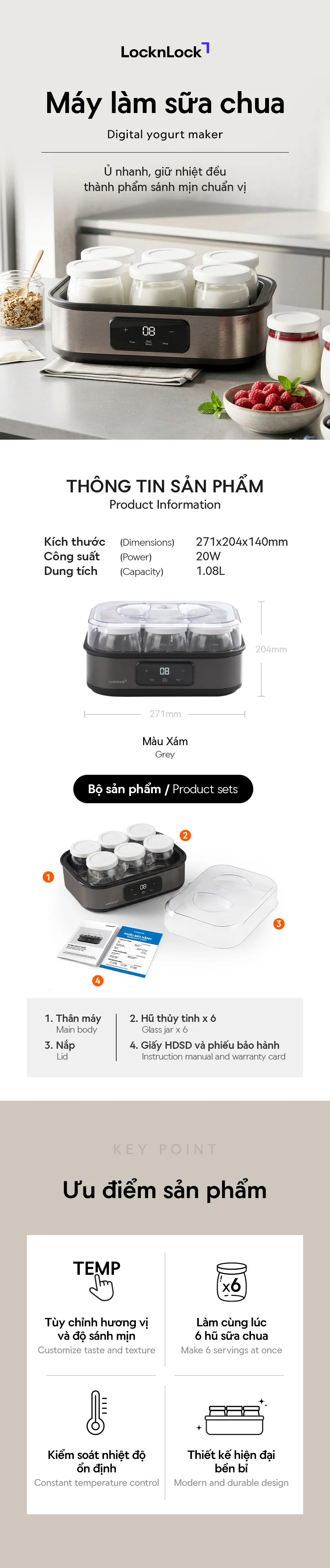 may lam sua chua locknlock digital yogurt maker 220 240v 50 60hz 20w 1 08l mau xam ejy213gry description 1785047916