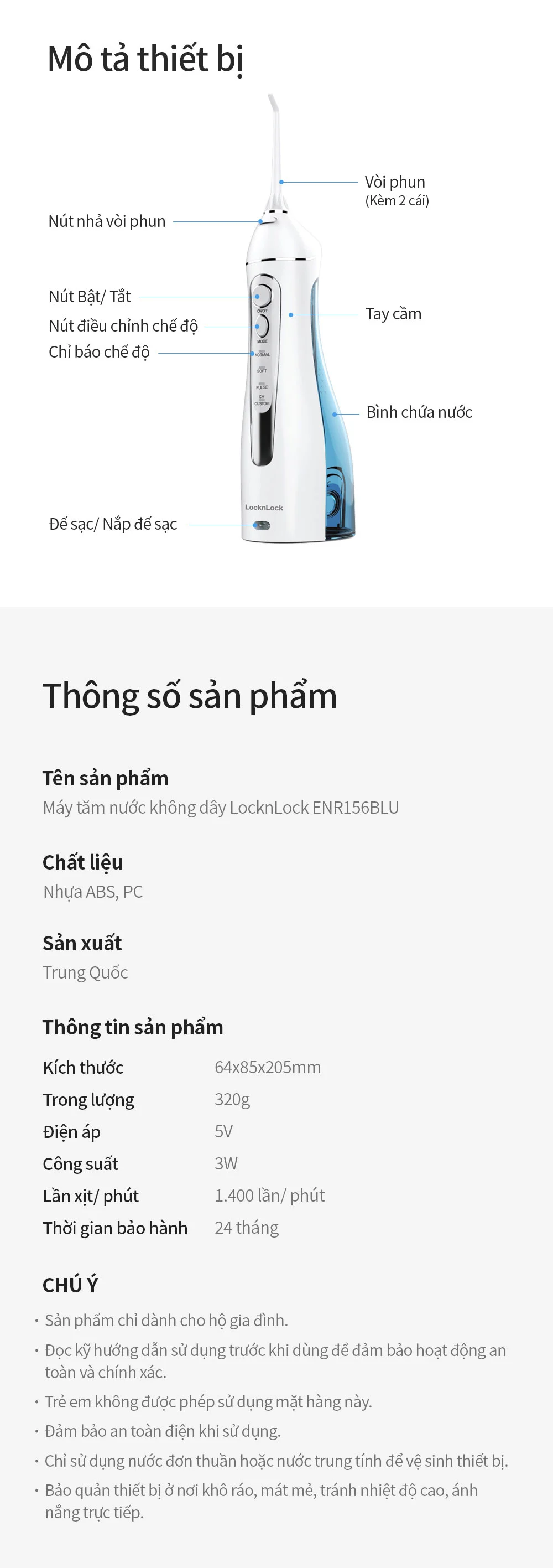 may tam nuoc khong day locknlock cordless oral irrigator 200ml mau xanh da troi enr156blu description 1785051274