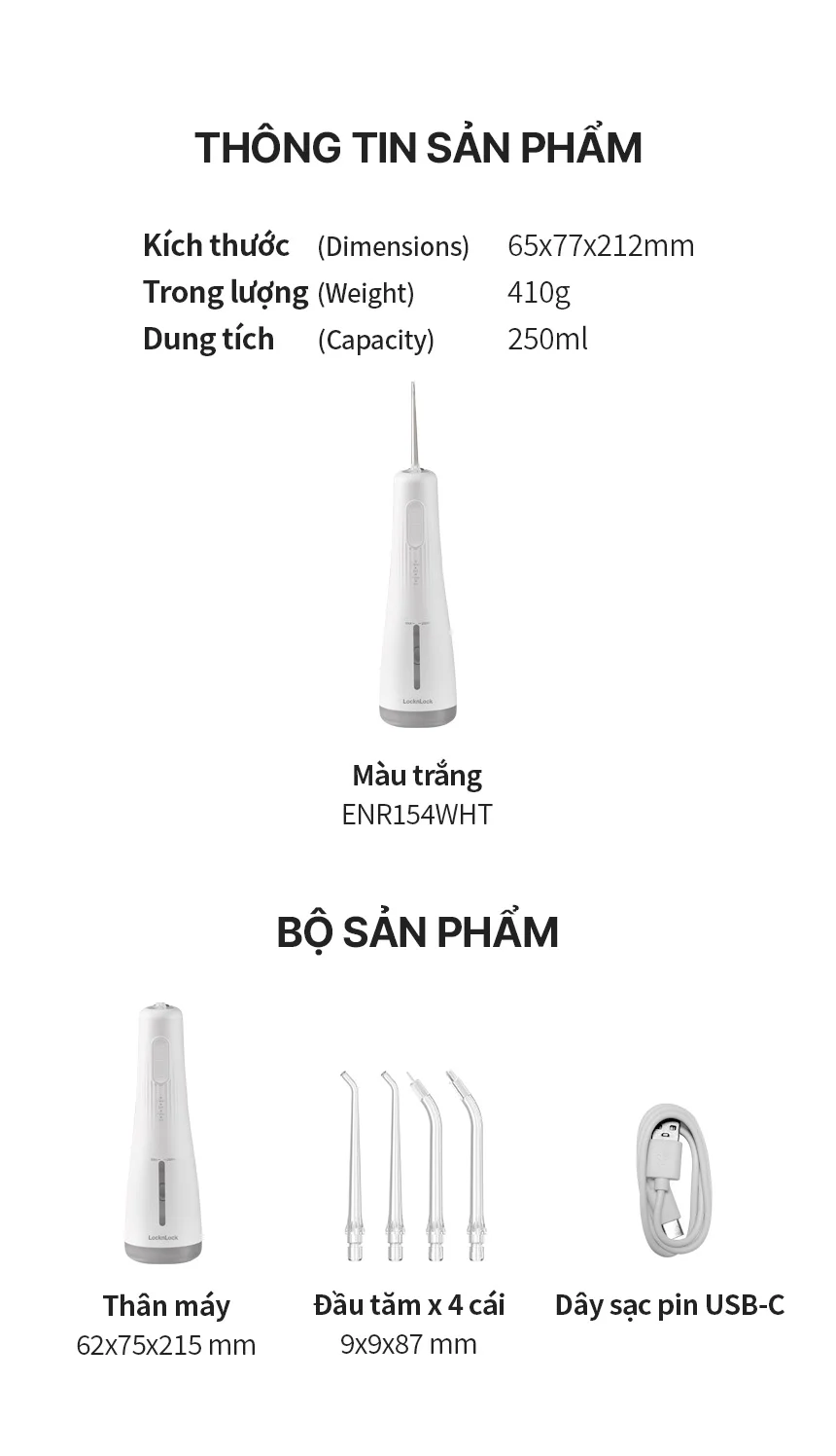 may tam nuoc locknlock rechargeable oral irrigator 3 7v 8w 250ml mau trang enr154wht description 1785051288 1
