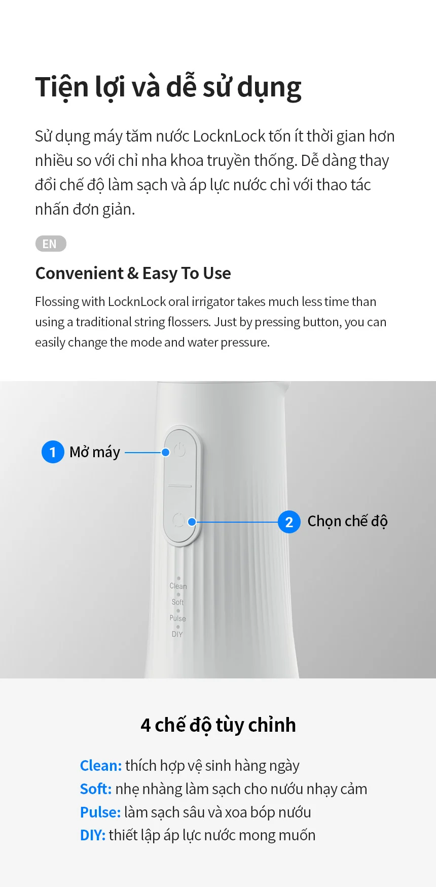 may tam nuoc locknlock rechargeable oral irrigator 3 7v 8w 250ml mau trang enr154wht description 1785051289