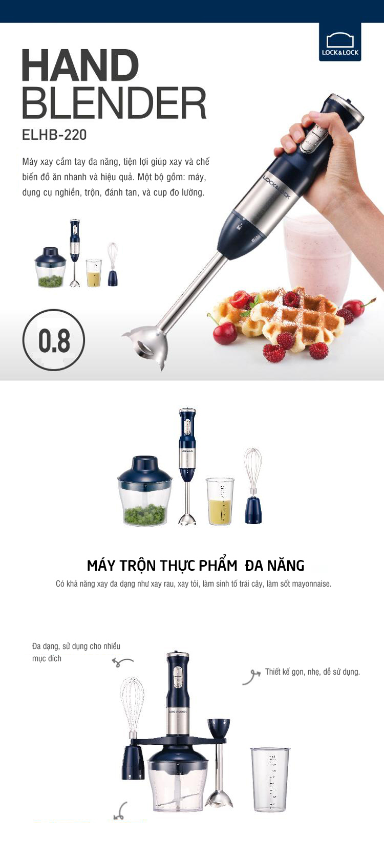 Máy Trộn Thực Phẩm Đa Năng LocknLock (Nghiền, Trộn, Đánh Tan, Đo Lường) 0.8L, 220V, 50Hz, 420W, 248x147x230mm - Màu Xanh Navy - ELHB-220 4 may tron thuc pham da nang locknlock nghien tron danh tan do luong 0 8l 220v 50hz 420w 248x147x230mm mau xanh navy elhb 220 description 1785044866
