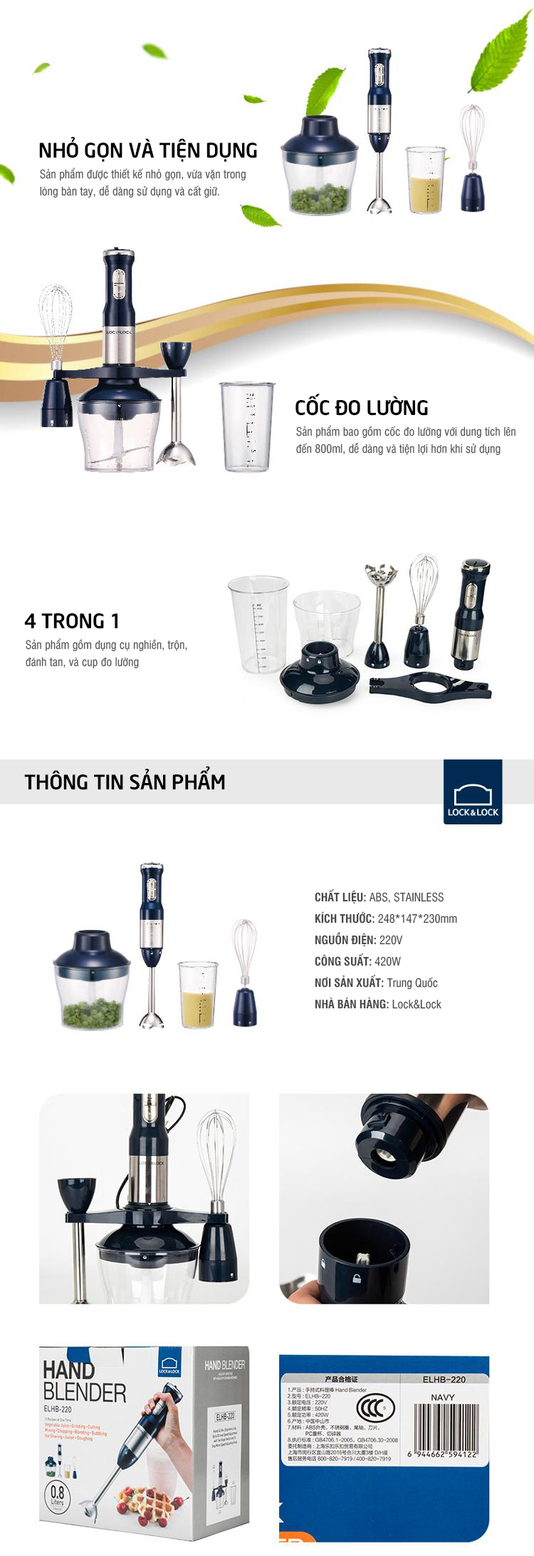 Máy Trộn Thực Phẩm Đa Năng LocknLock (Nghiền, Trộn, Đánh Tan, Đo Lường) 0.8L, 220V, 50Hz, 420W, 248x147x230mm - Màu Xanh Navy - ELHB-220 5 may tron thuc pham da nang locknlock nghien tron danh tan do luong 0 8l 220v 50hz 420w 248x147x230mm mau xanh navy elhb 220 description 1785044868