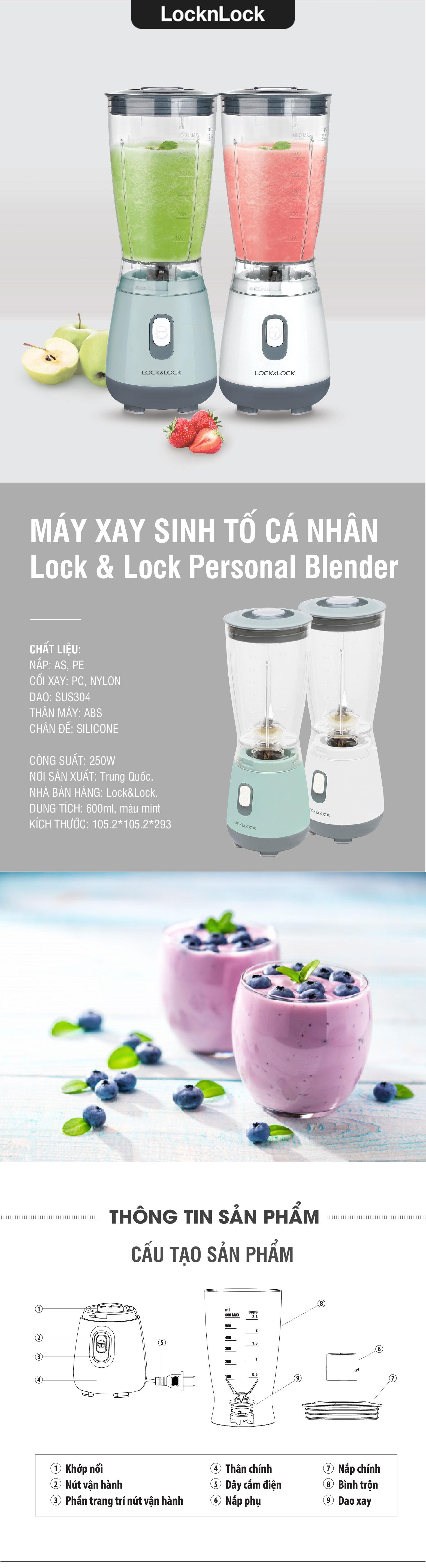 Máy Xay Sinh Tố Cá Nhân Personal Blender 220/240V, 50/60Hz, 250W, 600ml - 2 Màu - LocknLock - EJM436 8 may xay sinh to ca nhan personal blender 220 240v 50 60hz 250w 600ml 2 mau locknlock ejm436 description 1785044707
