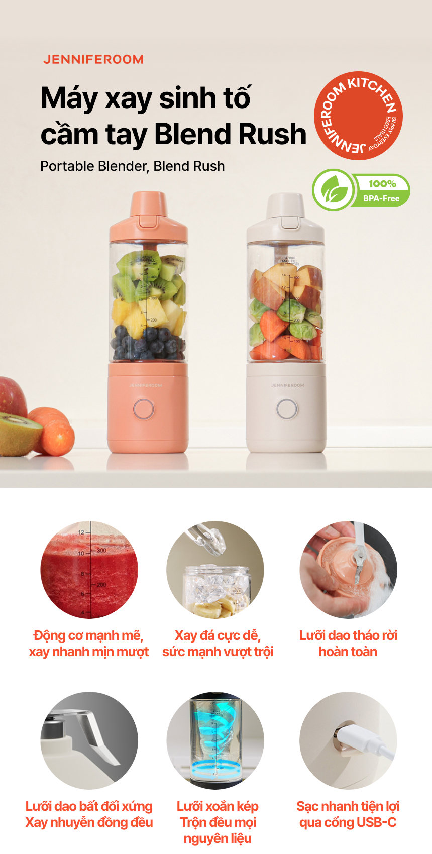 Máy xay sinh tố cầm tay Jenniferoom Portable blender 75W 2000mAh JRK-BLP101 6 may xay sinh to cam tay jenniferoom portable blender 75w 2000mah jrk blp101 description 1785044798