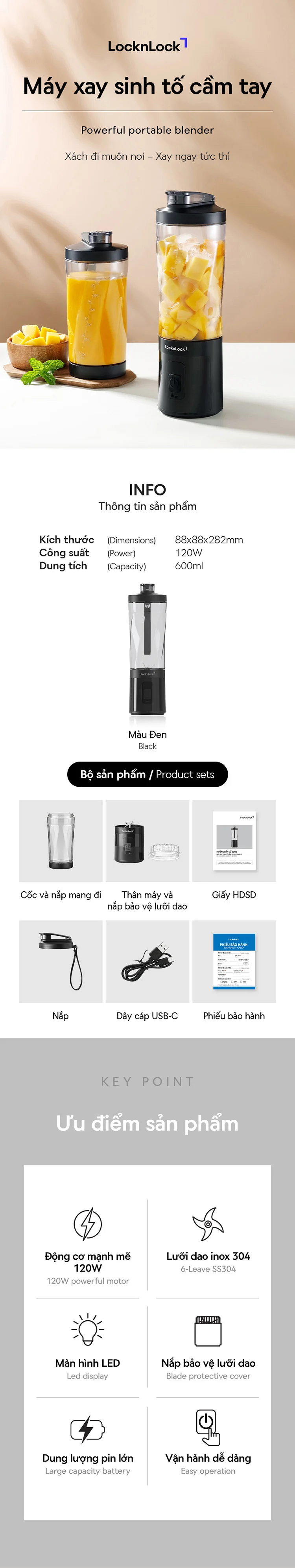 may xay sinh to cam tay locknlock dung tich 600ml mau den ejj356blk description 1785044833