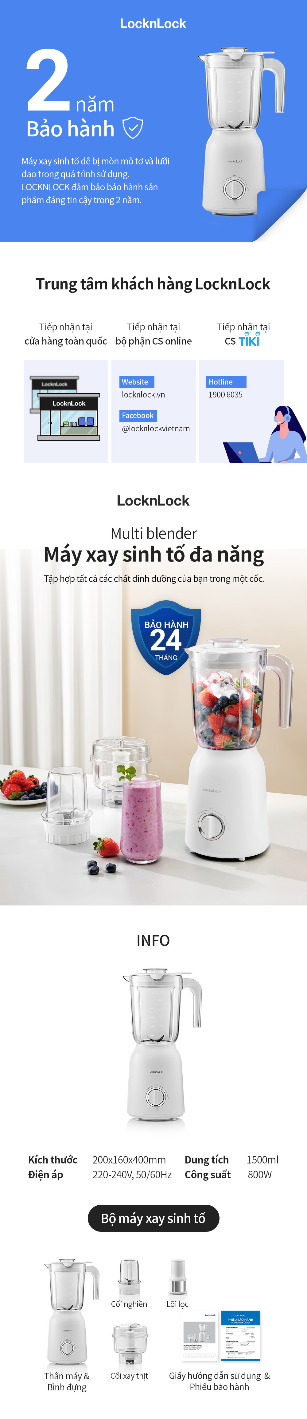 Máy Xay Sinh Tố Locknlock Multi Blender 220 - 240V, 50/60Hz, 800W, 1.5L - Màu Trắng - EJM416WHT 7 may xay sinh to locknlock multi blender 220 240v 50 60hz 800w 1 5l mau trang ejm416wht description 1785044725