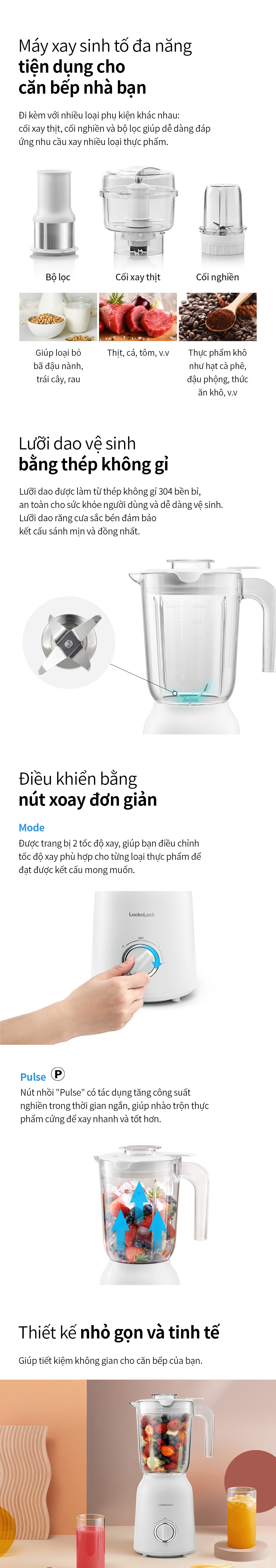 Máy Xay Sinh Tố Locknlock Multi Blender 220 - 240V, 50/60Hz, 800W, 1.5L - Màu Trắng - EJM416WHT 9 may xay sinh to locknlock multi blender 220 240v 50 60hz 800w 1 5l mau trang ejm416wht description 1785044732