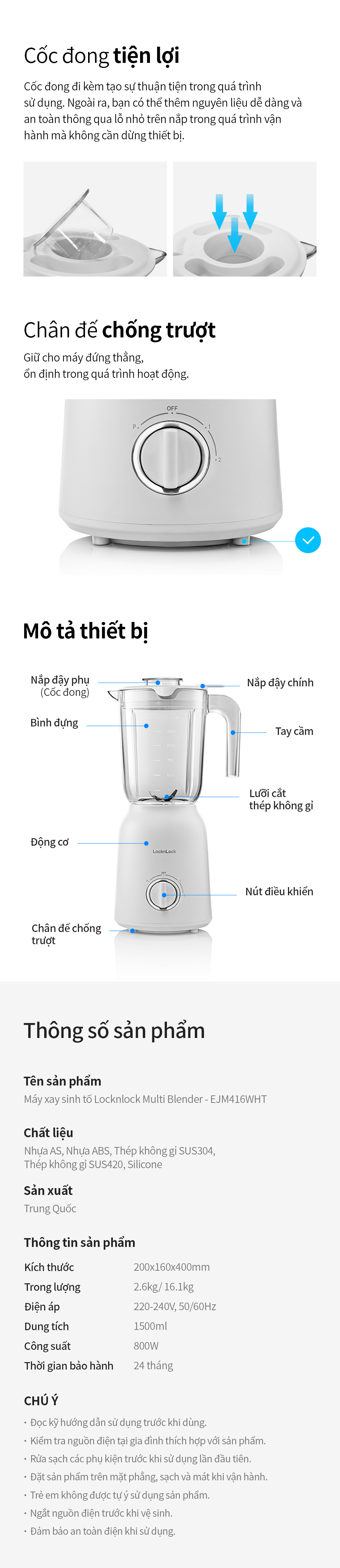 Máy Xay Sinh Tố Locknlock Multi Blender 220 - 240V, 50/60Hz, 800W, 1.5L - Màu Trắng - EJM416WHT 10 may xay sinh to locknlock multi blender 220 240v 50 60hz 800w 1 5l mau trang ejm416wht description 1785044735