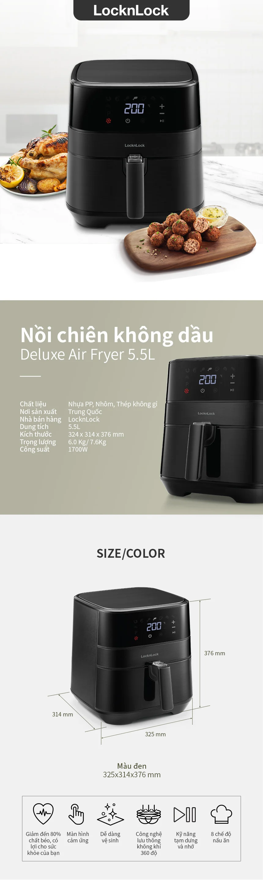 Nồi Chiên Không Dầu LocknLock Air Fryer 5.5L - Màu Đen - EJF284BLK 4 noi chien khong dau locknlock air fryer 5 5l mau den ejf284blk description 1785041263