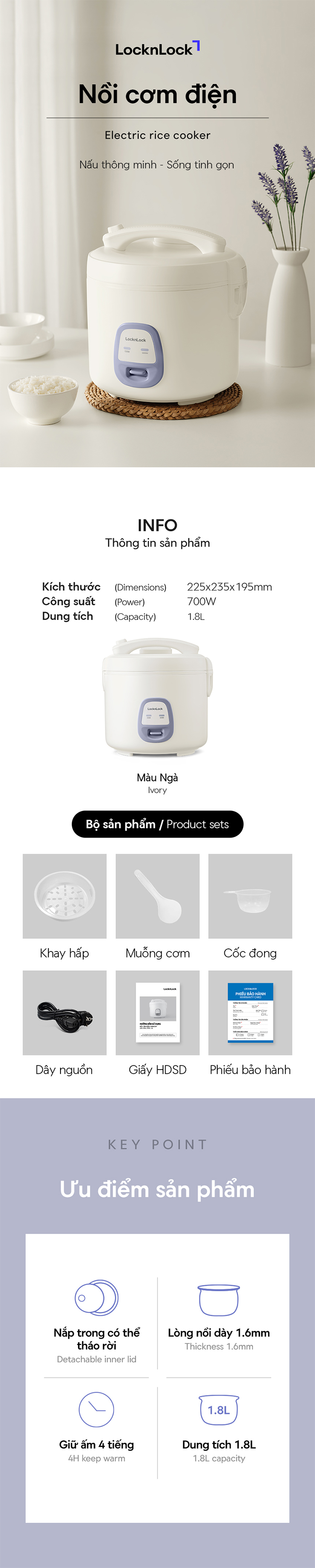 Nồi cơm điện LocknLock 220V, 50Hz, 700W, 1.8L – Màu ngà - EJR462IVY 8 noi com dien locknlock 220v 50hz 700w 1 8l mau nga ejr462ivy description 1785047435