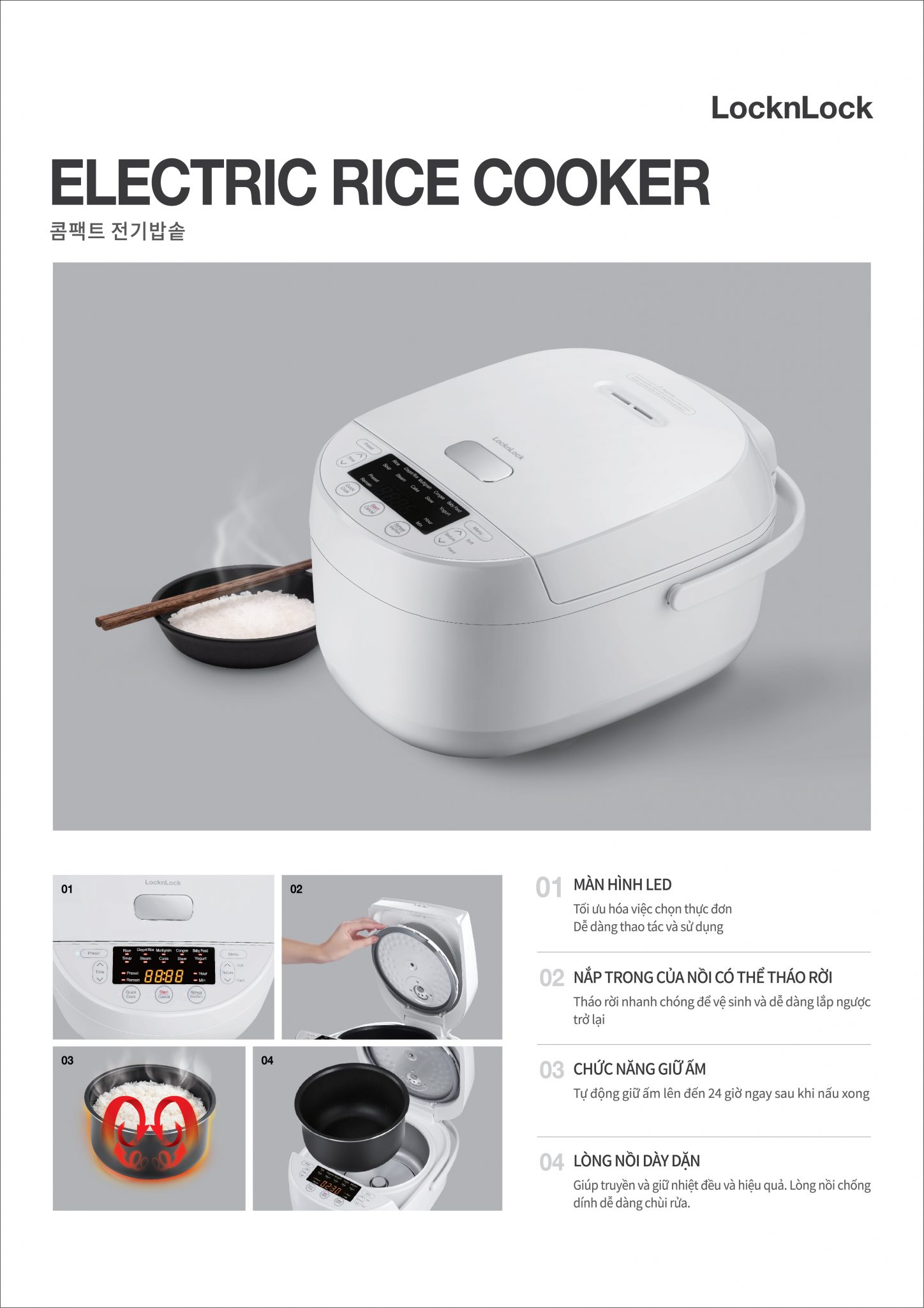 Nồi Cơm Điện LocknLock Electric Rice Cooker 220-240V, 50/60Hz, 590W, 1.0L - Màu Trắng - EJR311WHT 2 noi com dien locknlock electric rice cooker 220 240v 50 60hz 590w 1 0l mau trang ejr311wht description 1785047383
