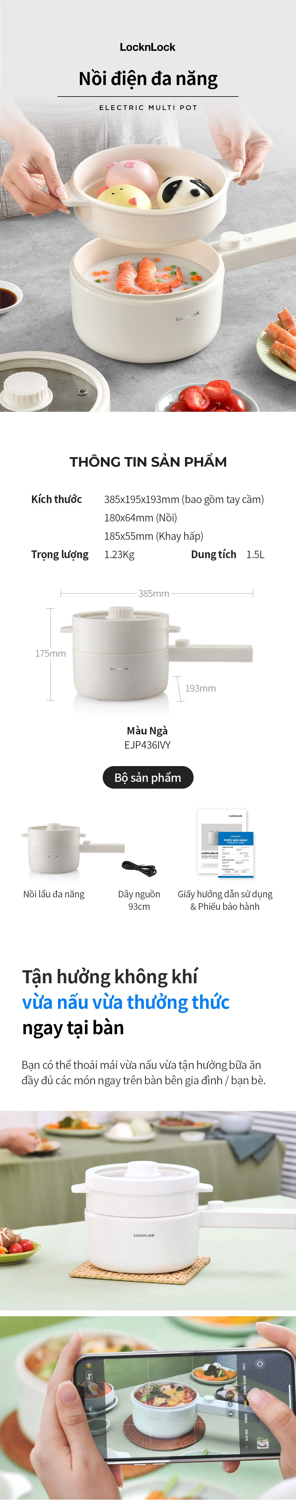 Nồi Điện Đa Năng LocknLock Electric Multi Pot 220V, 50Hz, 600W, 1.5L - Màu Ngà - EJP436IVY 7 noi dien da nang locknlock electric multi pot 220v 50hz 600w 1 5l mau nga ejp436ivy description 1785046542