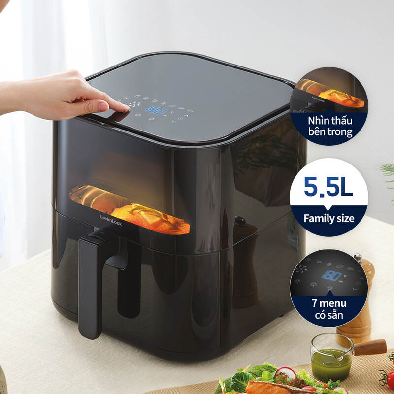 [Áp voucher giảm thêm 300k] Nồi Chiên Không Dầu LocknLock Visible Air Fryer Cube 5.5L - Màu Đen - EJF996BLK